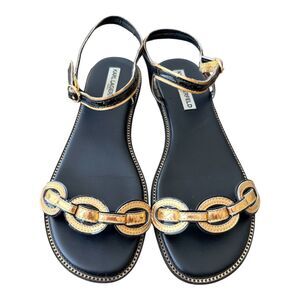 Karl Lagerfeld Paris Gage Black Leather Gold Chain Link T-Strap Sandals Size 8M